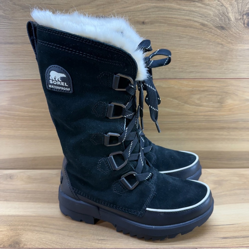Sorel Tivoli IV Tall Weather Boots 7.5 Black Suede Faux Fur Snow Gorpcore Ski